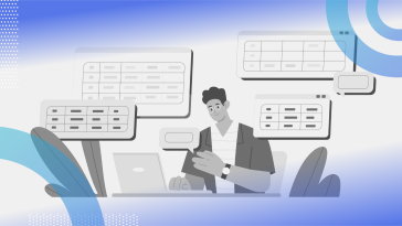 Object-Relational Mapping (ORM) illustration of a person sitting at a computer surrounded by rectangles that look like web browsers or database tables. 